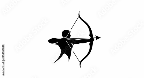 Archer silhouette drawing bow and arrow, aiming for target. Archery sport, precision, competition, success concept.