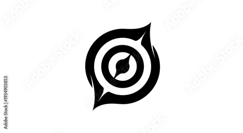 Dynamic abstract black target symbol with stylized organic shapes, representing focus, precision, energy, meditation, and spiritual balance.