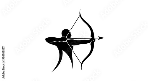 Dynamic archer silhouette aiming bow and arrow, representing precision, skill, sport, target practice, accuracy, and achievement. Black and white vector.