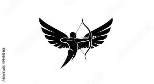 Black and white vector illustration of an angelic archer with large wings, aiming a bow and arrow