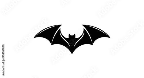 Flying Bat Silhouette Icon, Black Nocturnal Mammal Symbol with Spread Wings, Mysterious Halloween Creature Graphic Design Element