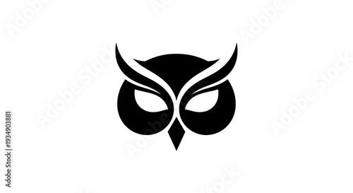 Stylized black owl face silhouette on white background. Minimalist bird symbol with watchful eyes, wisdom, and mystery.