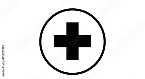 Black plus sign icon in a circle. Health, medical, first aid symbol or mathematical addition mark. Graphic element.