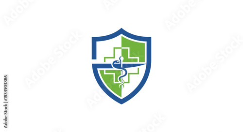 Healthcare medical shield logo with Rod of Asclepius and cross symbol, signifying health protection, security, and wellness
