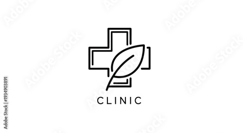 Minimalist outline medical cross with a green leaf symbol representing natural health, holistic wellness, and organic medicine for clinics and pharmacies.