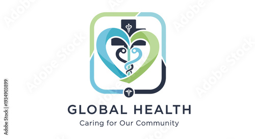 Global Health Community Care Logo with Medical Cross, Caduceus, and Heart Shape Arrows on White Background