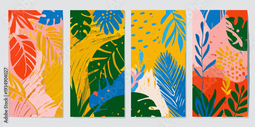 Abstract tropical leaves in vibrant colors arranged in vertical panels