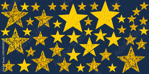 A multitude of golden textured stars against a dark blue background
