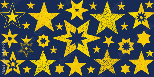 A vibrant pattern of golden stars against a deep navy blue background