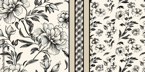 Elegant floral pattern with botanical illustrations in grayscale tones