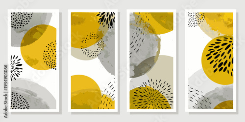 Abstract geometric wall art set with yellow gray and black shapes