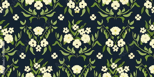Seamless floral pattern with white blossoms and lush green foliage