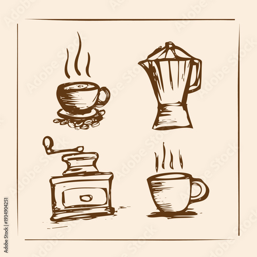Rustic hand-drawn coffee elements set featuring steaming mugs, a vintage Moka pot, and a classic coffee grinder, perfect for cafe menus or organic style beverage designs
