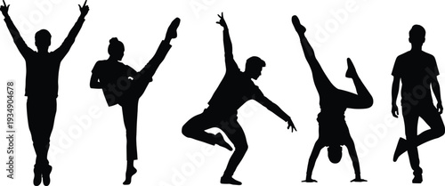 Dynamic Dancer Silhouettes Collection Vector Illustration, Breakdance Hip Hop Street Dance Poses Isolated Black Figures on White Background
