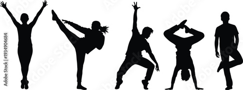 Dynamic dance and martial arts silhouette collection, energetic people performing action poses isolated on white background vector illustration set