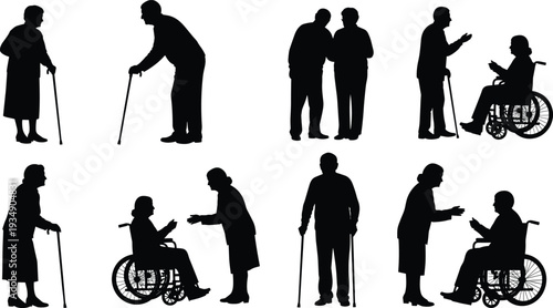 Elderly people silhouette set showing seniors walking, talking, wheelchair support, care, disability, aging, healthcare, assistance, minimal black vector illustration