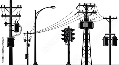Electric power poles and traffic signal silhouettes set, utility infrastructure vector illustration isolated on white background