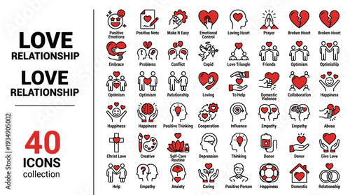 "Vector Love Relationship Icons Collection – Romantic Symbols, Marriage, Dating, Broken Heart, Couple, Chat, Message, Proposal, Hug, Kiss, Gift, Holiday, Security Vector"