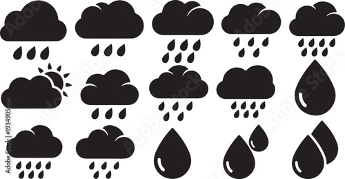 Weather forecast icons with rain clouds and droplets illustration