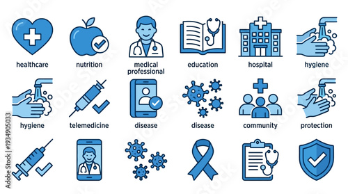 "Vector Healthcare Icons Illustration – Medical Cross, Doctor, Hospital, Hygiene, Vaccination, Telemedicine, Awareness Ribbon, Shield, Stethoscope, Wellness, Public Health, Safety, Community Care Vect