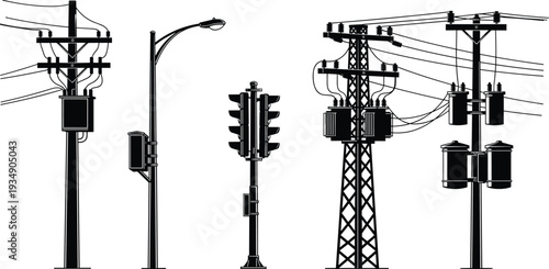 Electrical power transmission poles and traffic light silhouettes, utility infrastructure vector illustration isolated on white background
