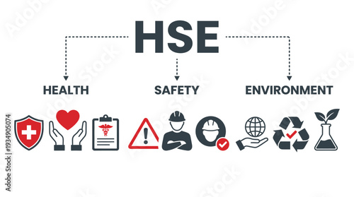 "Vector HSE Illustration Design – Health Safety Environment Icons, Workplace Protection, Medical Care, Construction Helmet, Recycling Symbol, Globe, Hands, Heart, Industrial Responsibility, Green Grow