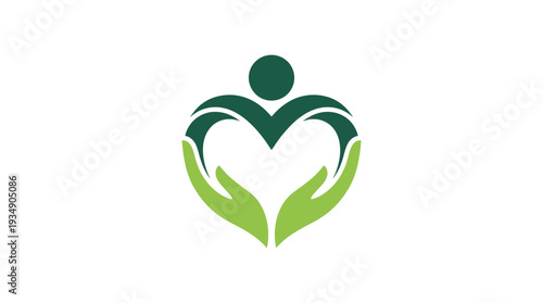 "Vector Heart Care Logo Illustration – Family Support, Healthcare Protection, Nurturing Hands, Abstract Human Figures, Community Wellness, Compassion Symbol, Green Design, Love, Safety, Unity Vector"