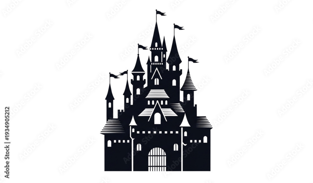 Obraz premium A black and white illustration of a medieval castle with towers and flags
