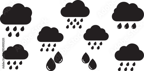 Rainy weather icons with clouds and water droplets falling