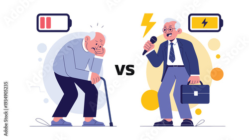 Cartoon illustration of an elderly man with a low battery symbol next to a businessman holding a briefcase with a high battery symbol, symbolizing energy levels