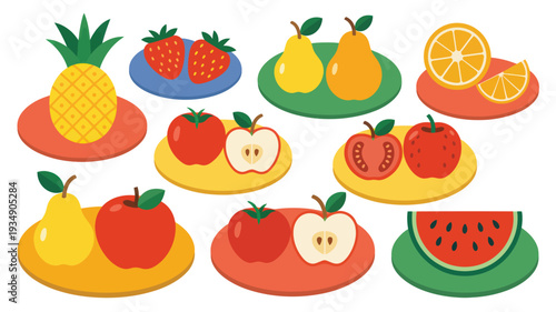 Flat cartoon illustration featuring colorful, fresh fruits pineapple, strawberries, apples, pears, oranges, watermelon, displayed on vibrant plates
