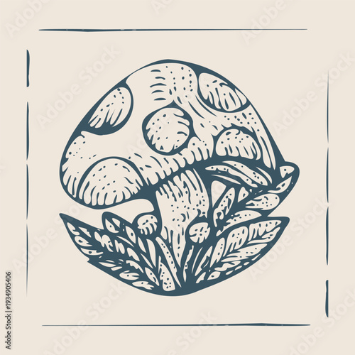 Hand-drawn illustration of a vintage mushroom and leaves in a rustic, organic style