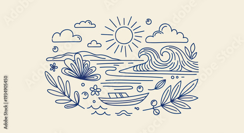 Monoline illustration of a serene tropical beach scene with ocean waves and a boat.
