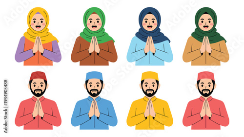 A charming flat cartoon illustration showcasing diverse individuals in traditional Islamic attire, offering a warm and welcoming greeting