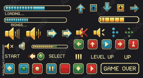 Pixel art game interface elements and buttons collection.
