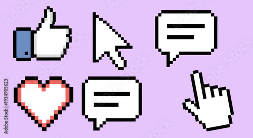 Pixel art social media icons and cursors set on a light background.