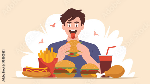 A delightful flat 2D illustration set showcasing a man joyfully indulging in a spread of delicious fast food, including burgers, fries, hot dogs, and a drink
