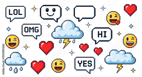 Pixel Art Speech Bubbles and Emojis with Hearts and Clouds.