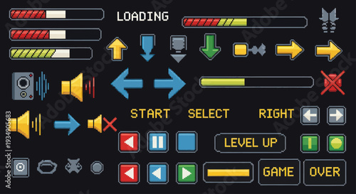 Pixelated Game Interface Elements Set with Loading Bars and Navigation Arrows.