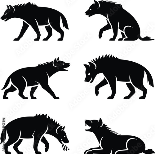 Black silhouettes of wolves in various poses on white background