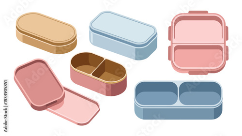 Digital illustration of colorful bento lunch boxes. Modern food containers with compartments for meal prep and storage, showcasing practical design for daily use