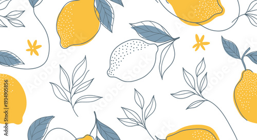 Seamless Pattern with Hand-Drawn Lemons and Leaves.