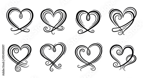 Set of eight hand-drawn heart shapes with elegant calligraphic swirls and brush strokes.