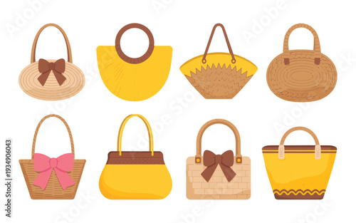 A charming collection of eight diverse handbags, featuring wicker, straw, and leather styles, adorned with bows, perfect for fashion and travel enthusiasts