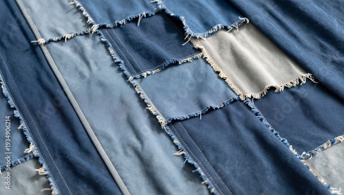 Close up of a patchwork fabric made from various shades of blue denim with frayed edges