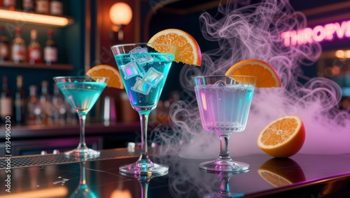 Three colorful cocktails garnished with orange slices and ice cubes sit on a bar counter