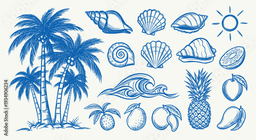 Tropical Summer Elements Collection Hand Drawn Style.