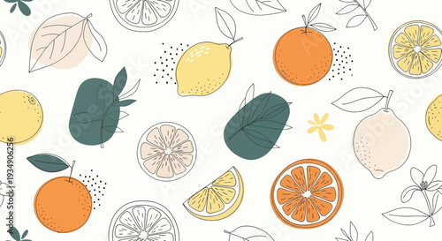 Vibrant Citrus Fruit Pattern with Leaves and Flowers.
