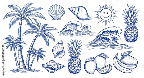 Tropical beach elements including palm trees seashells pineapples and fruits.