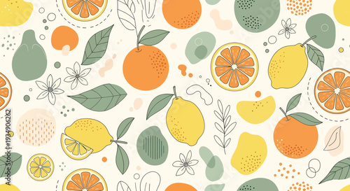 Vibrant Citrus Fruit Pattern with Leaves and Flowers.